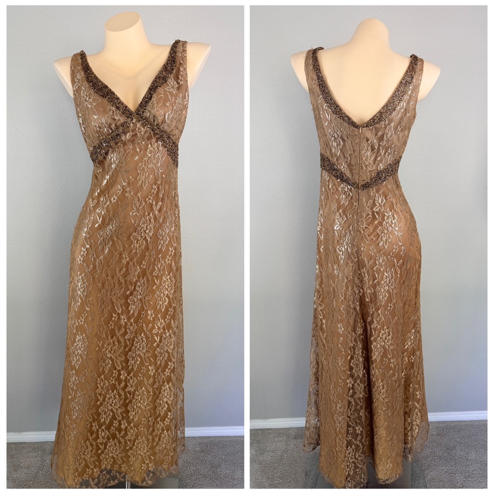 Georgiou Vintage Fairycore Gold Lace Beaded V-Neck Maxi Dress y2k